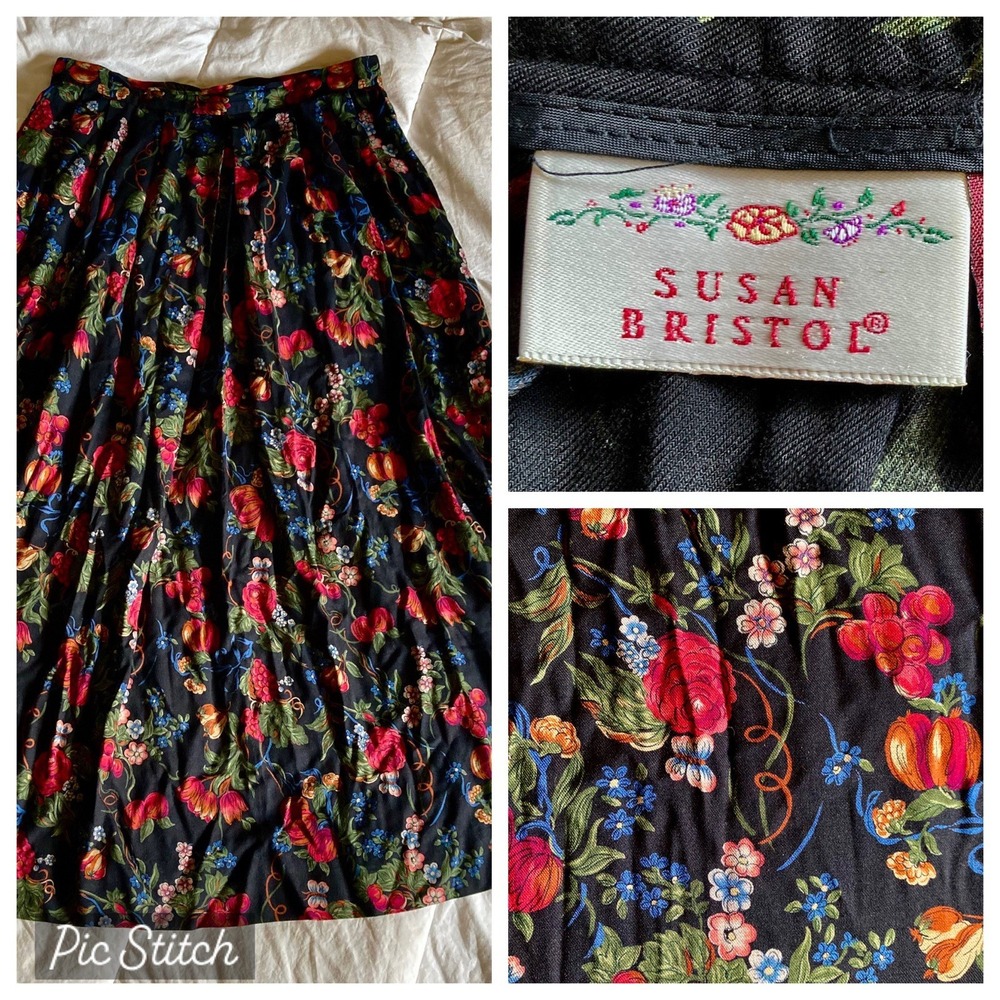 Vtg Susan Bristol Full Maxi Skirt Sz12 Wool Blnd Fall Harvest Floral Multi Black